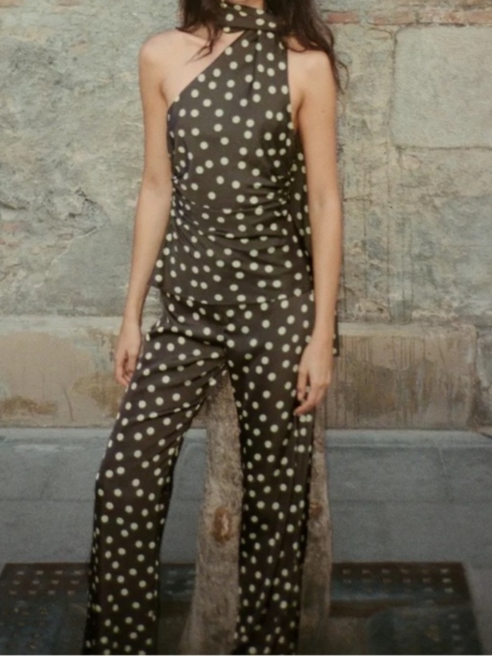 Polka Dot wide leg wanton effect pants in dark green and light green